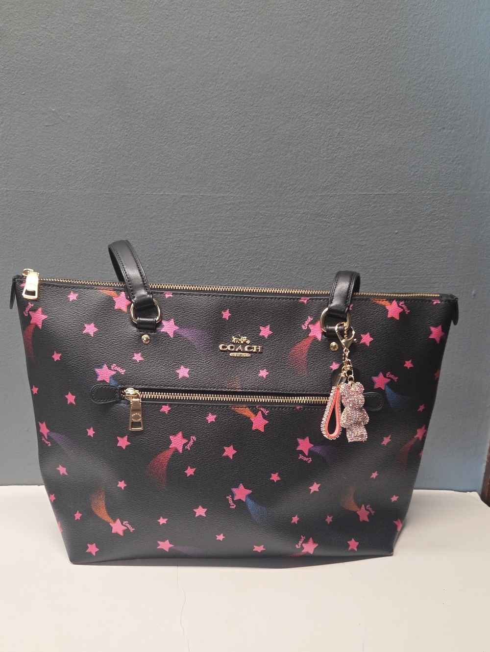 COACH Black Coated canvas tote bag, Gallery Tote with Disco Star Print